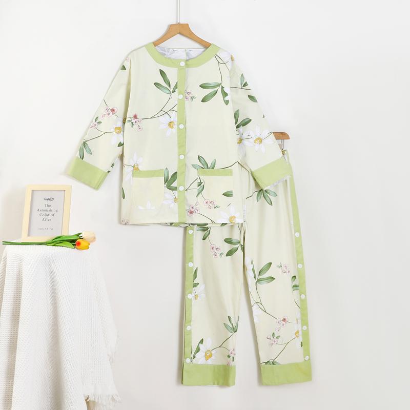 施術着 レディース 女性用 コットン 前後肩開き ボタン開閉 長袖パンツ 上下セット ゆったり よもぎ蒸し エステ マッサージ 鍼灸 病院 入院 介護 部屋着 パジャマ ルームウェア 胸パッド付き