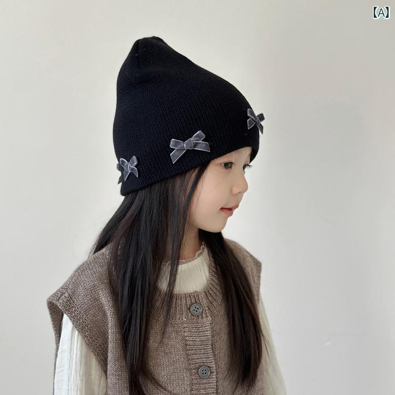 フロントップ楽天市場店のニット帽 キッズ 女の子 女の子 秋冬 防寒 保温 暖かい かわいい リボン 混紡素材 お出かけ 普段使い キャップ ビーニー 3歳 4歳 5歳 6歳 7歳 8歳 9歳 10歳 11歳 12歳 ガールズ ブラック グレー アイボリー｜アングル2