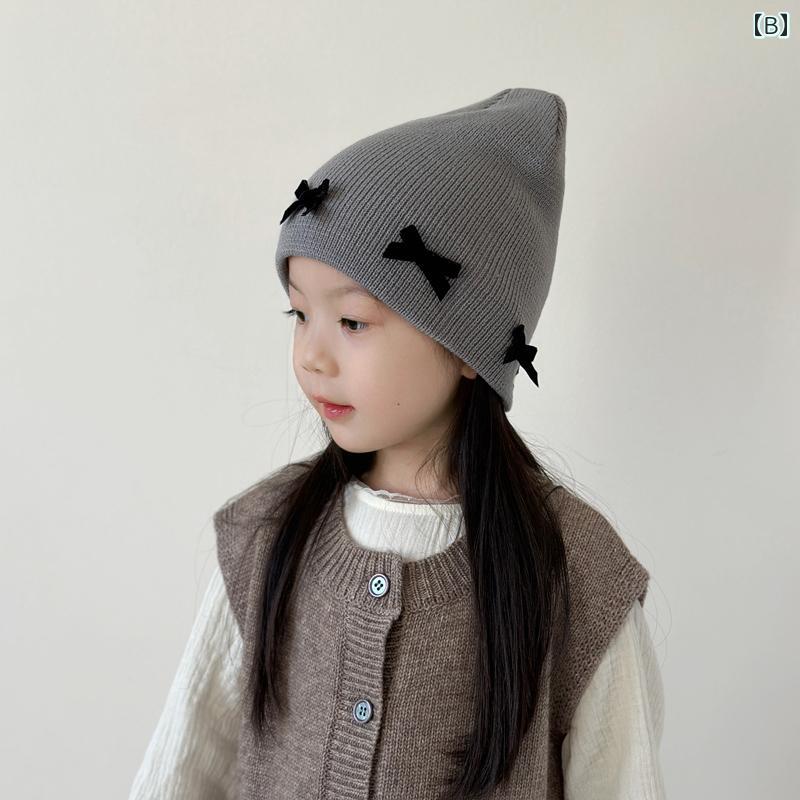 フロントップ楽天市場店のニット帽 キッズ 女の子 女の子 秋冬 防寒 保温 暖かい かわいい リボン 混紡素材 お出かけ 普段使い キャップ ビーニー 3歳 4歳 5歳 6歳 7歳 8歳 9歳 10歳 11歳 12歳 ガールズ ブラック グレー アイボリー｜アングル3