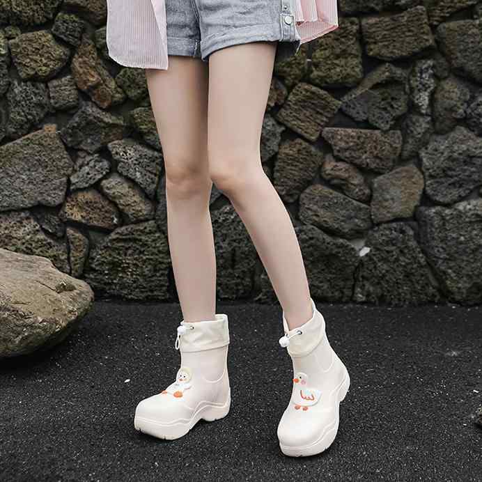 レインブーツ レディース かわいい 防水 絞り口 長靴 ショート丈 厚底 ヒールアップ 脚長効果 滑り止め EVA PVC素材 洗車 潮干狩り レジャー 普段使い 通勤通学