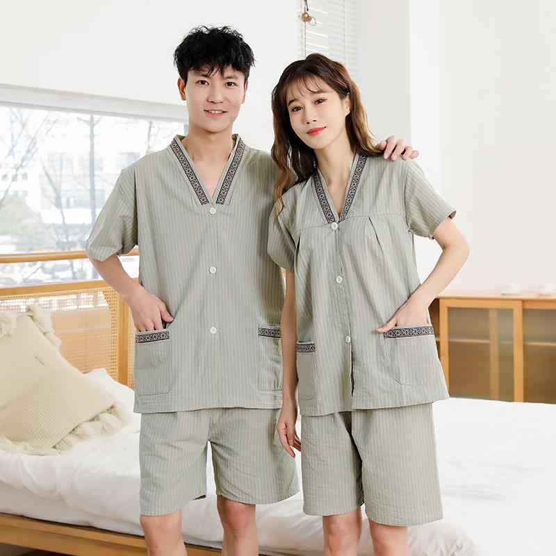 施術着 レディース 男性用 コットン ゆったり 前開き 背中開き ボタン留め 艾灸 サウナ マッサージ 鍼灸 ホテル スパ リラックスウェア ストライプ 無地