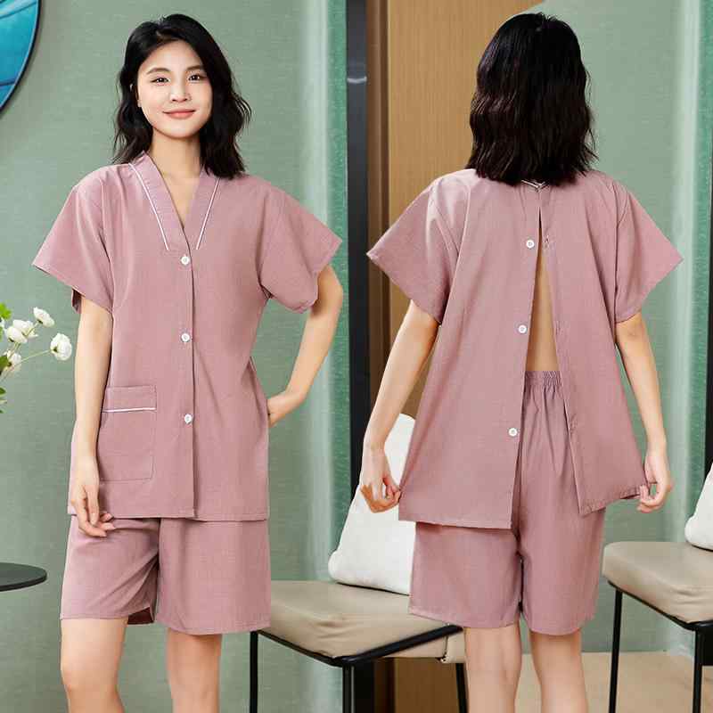 リラックスウェア レディース 女性用 艾灸 マッサージ 東洋療法 スパ エステ 施術用ガウン 綿混 前後開き 全開 ボタン ゆったり 部屋着 病衣 入院着 高品質