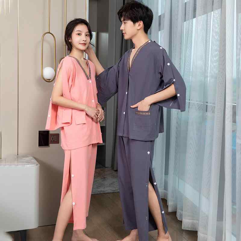 鍼灸着 メンズ レディース 綿 コットン 前開き 後ろ開き 肩 袖 スナップボタン ロング丈 裾サイドスリット 着 施術着 リハビリ着 介護服 病院着 入院着 整体 快適 丈夫 高耐久性