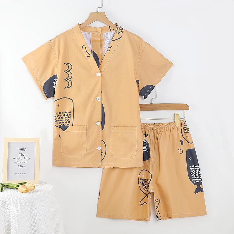 施術着 レディース メンズ 綿 温活 よもぎ蒸し マッサージ エステ 整体 施術院用 リラックス ルームウェア 部屋着 前開き 後ろ開き 背中ボタン ユニセックス ペア ガウン 黄系 灰系 オレンジ系 魚柄 丸柄 星柄