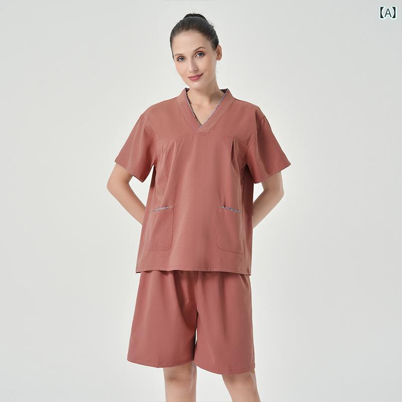 施術着 患者着 男女兼用 メンズ レディース 艾灸 カッピング マッサージ 刮痧 エステ用 ガウン 着 前後開閉 ボタン 後ろ開き 伸縮性 パール調 綿混 ゆったり