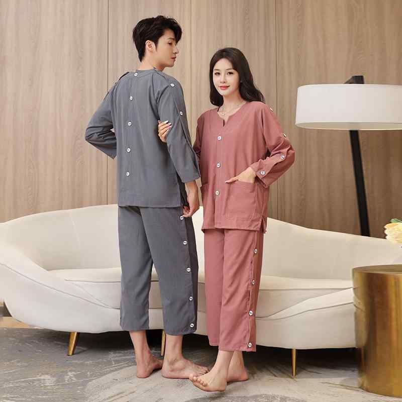 施術着 レディース メンズ 綿 コットン 前後ボタン ロング丈 長袖 背中 肩 サイド開口 マッサージ 鍼灸 エステ リラクゼーションウェア