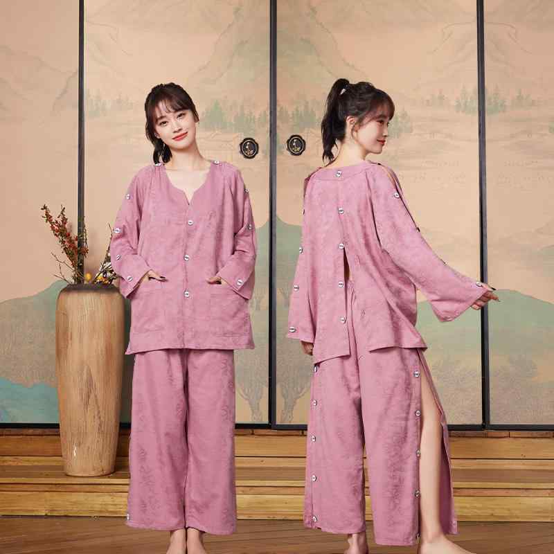 施術着 男女兼用 メンズ レディース 高級感 純綿 コットン ジャガード織り 前後ボタン式 背中オープン マッサージ エステ 鍼灸 カッピング 刮痧 フットケア リラックスウェア