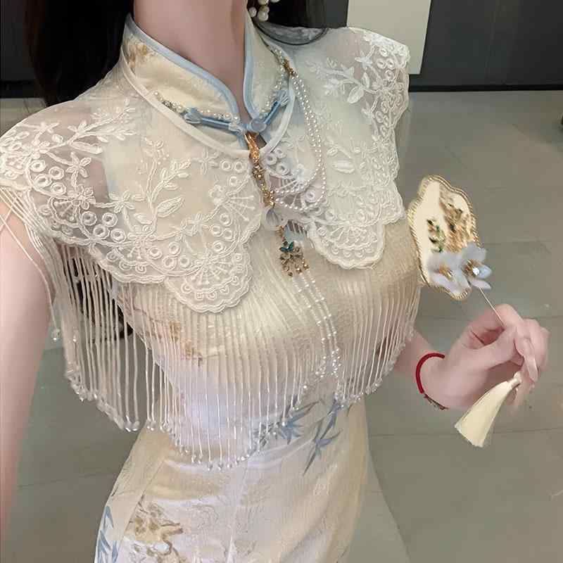 ショール レディース 新中国風 チャイナドレス 雲肩 重厚刺繍 フリンジ レトロレース ケープ ボレロ 羽織り フォーマル 上品 エレガント 春夏秋 ポリエステル 白