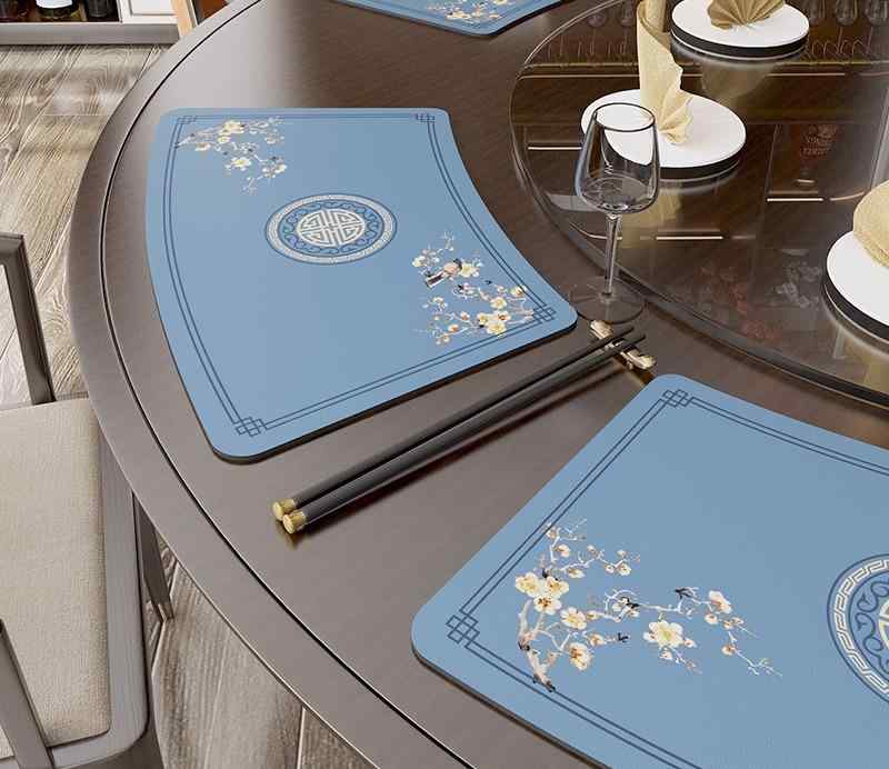 ランチョンマット 扇形 PUレザー 和モダン アジアンテイスト 円卓用 断熱 滑り止め 撥水 防汚 吸水 速..