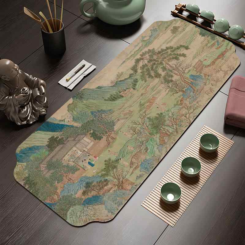ティーマット 茶器 レトロ アンティーク調 吸水 速乾 茶席 敷物 テーブルランナー 卓上 防滴 禅 山水画 チャイナ風 複合繊維製 長方形