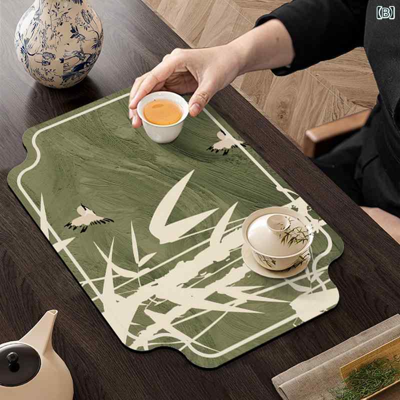 ティーマット 茶席 チャイナ風 竹柄 ベルベット調 ソフト 吸水 速乾 防水 断熱 滑り止め お手入れ簡単 テーブルマット コースター レトロ