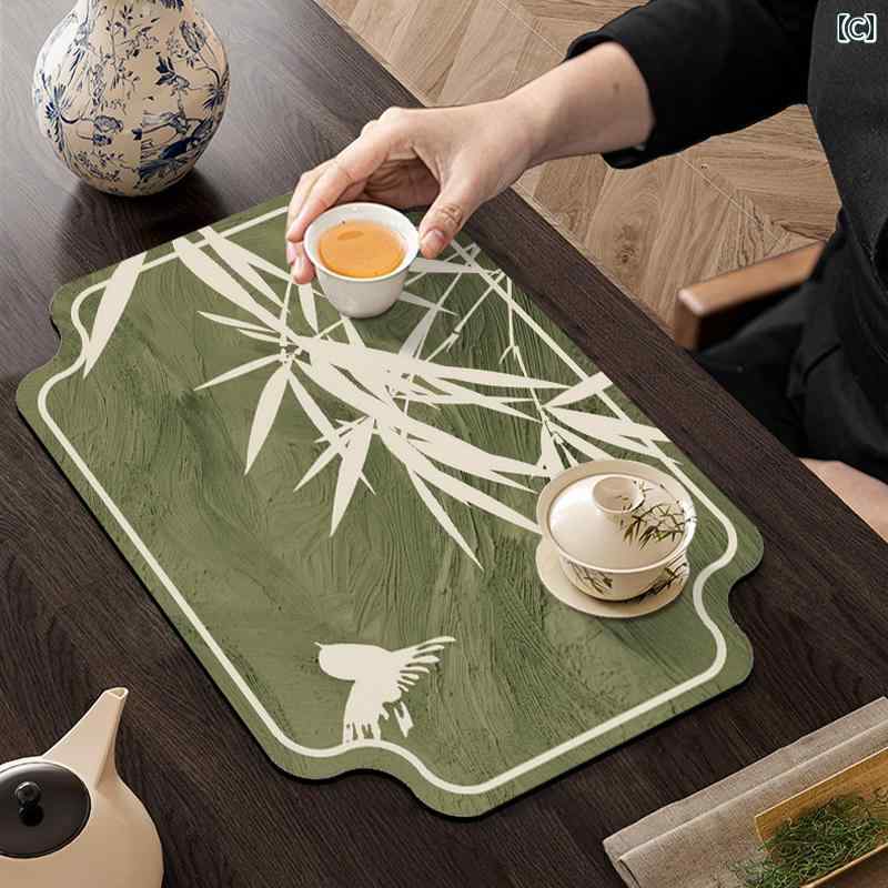 ティーマット 茶席 チャイナ風 竹柄 ベルベット調 ソフト 吸水 速乾 防水 断熱 滑り止め お手入れ簡単 テーブルマット コースター レトロ