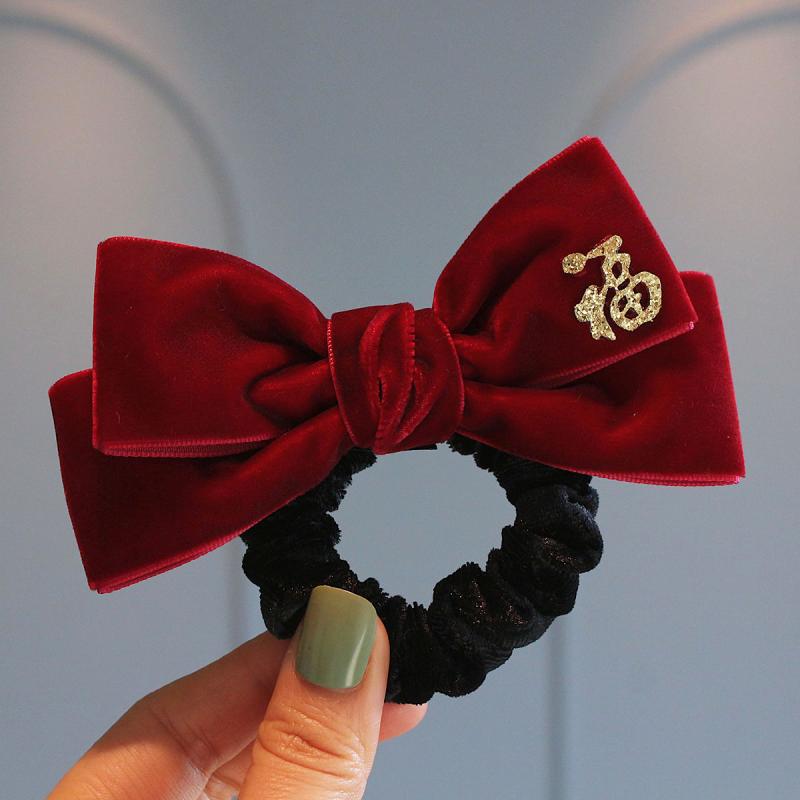 シュシュ キッズ 子供用 ベロア ベルベット レトロ クラシカル リボン ポニーテール ボリューム ヘアゴム ヘアアクセサリー 秋冬 ブラック ワインレッド