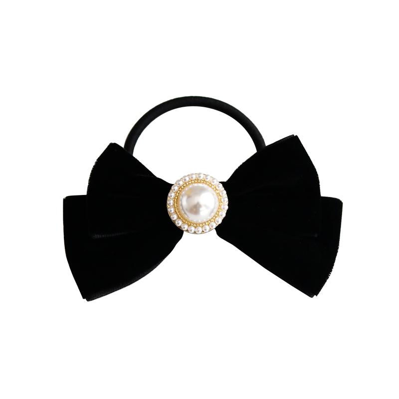 ヘアゴム レディース フレンチスタイル ブラック リボン ベルベット パール 上品 エレガント 秋冬 お団..
