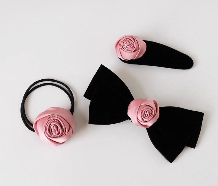 ヘアアクセサリー レディース フレンチガーリー ピンク ローズ リボン ベロア 高級感 髪飾り ヘアゴム ..