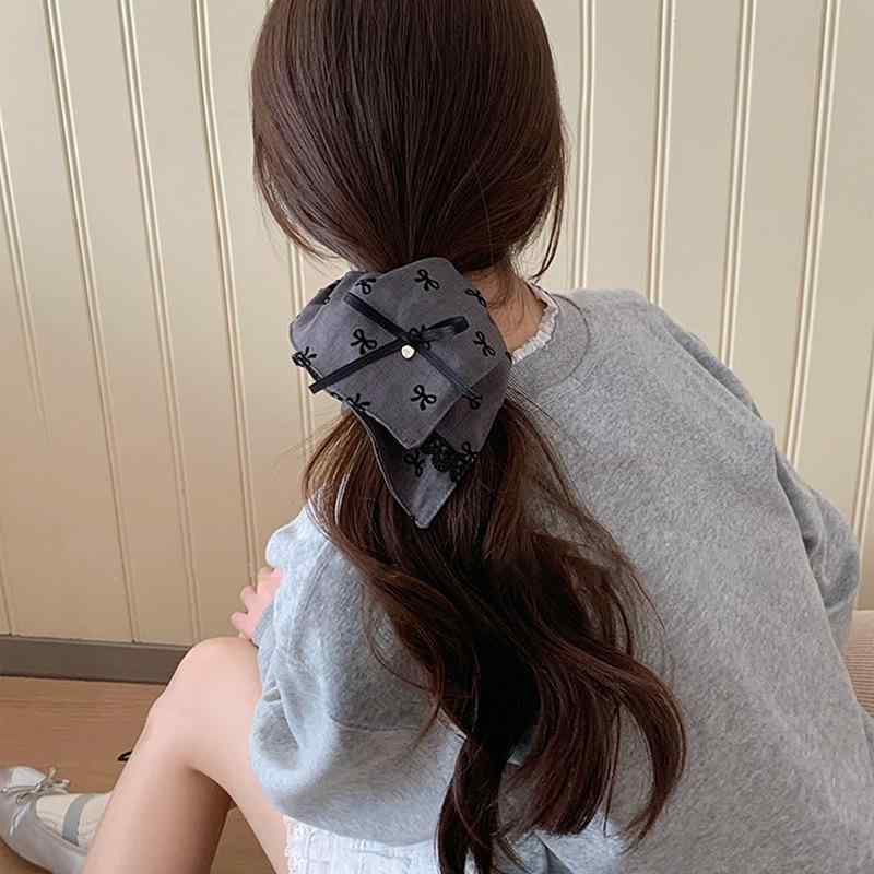 ヘアアクセサリー レディース 大きめ グレージュ系 グレー レトロ フレンチスタイル 高級感 リボン スカーフシュシュ レース ヘアゴム 髪飾り 普段使い お出...