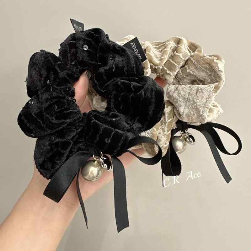 シュシュ レディース 秋冬 ベルベット リボン パール パール 髪飾り エレガント 上品 高見え 個性的 日韓風 大人かわいい 普段使い オフィス 黒 アイボリ...