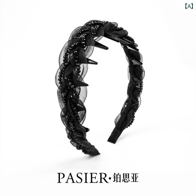 カチューシャ レディース ワイド幅 ツイスト 編み込み ヘアバンド 滑り止め ボリュームアップ効果 ブラック ヘアアクセサリー 女性用 普段使い