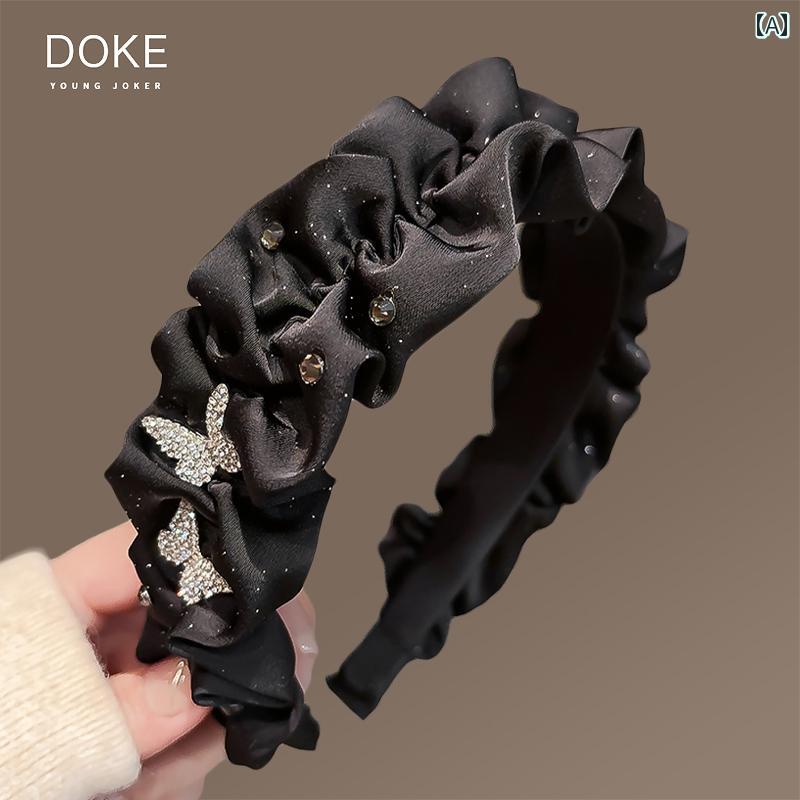 カチューシャ レディース ラインストーン 蝶 バタフライ プリーツ ワイド 幅広 ボリュームアップ 小顔..