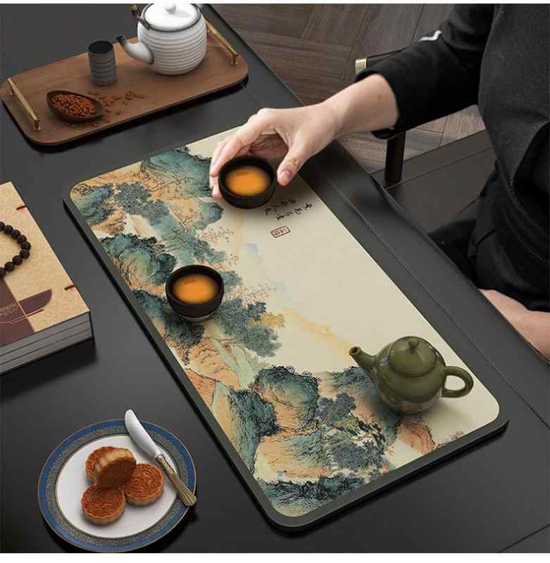 ティーマット おしゃれ 茶席 吸水 速乾 厚手 大きめ テーブル 和モダン 水墨 花 葉 山水画 景色 レトロ 敷物 来客用 おもてなし 普段使い ダイニング 食卓 緑 茶色