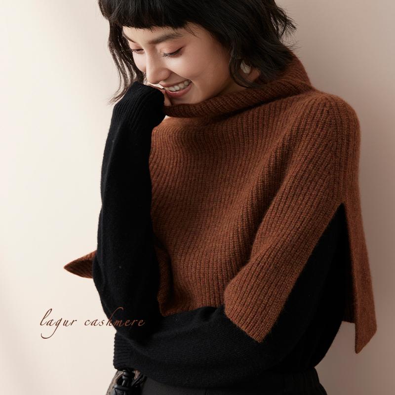 ニット ケープ レディース 厚手 無地 タートルネック 付け襟 フェイクカラー プルオーバー スリット 肩..