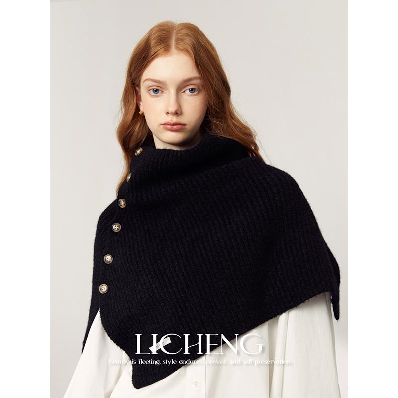 ショール ユニセックス おしゃれ レトロ ケープ ポンチョ マフラー ネックウォーマー 秋冬 肩掛け 保温 防寒 着回し ハイネック ニット 無地 アクリル ウール混紡 暖かい ブラック ブラウン グレー ベージュ カジュアル