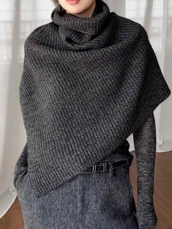 ストール レディース ダークグレー ハイネック ニット スリット レイヤード プルオーバー スヌード ショール ポンチョ 無地 高級感 厚手 暖か 防寒 秋冬 韓国 普段使い お出かけ