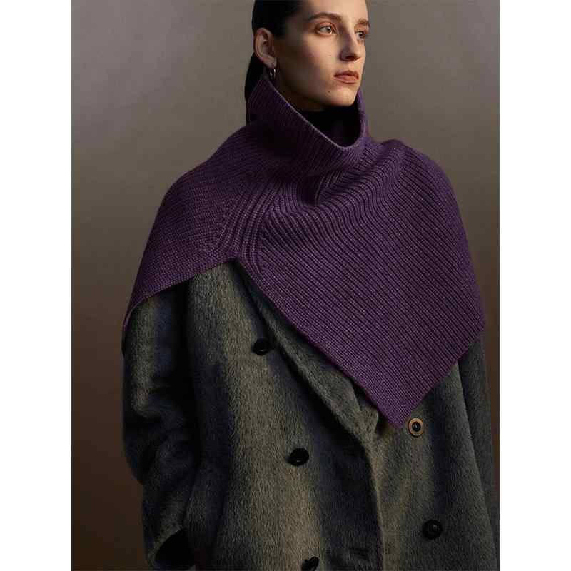 ショール レディース 女性用 フレンチレトロ ハイネック ニット スリット 羽織り 無地 パープル 秋冬 ..