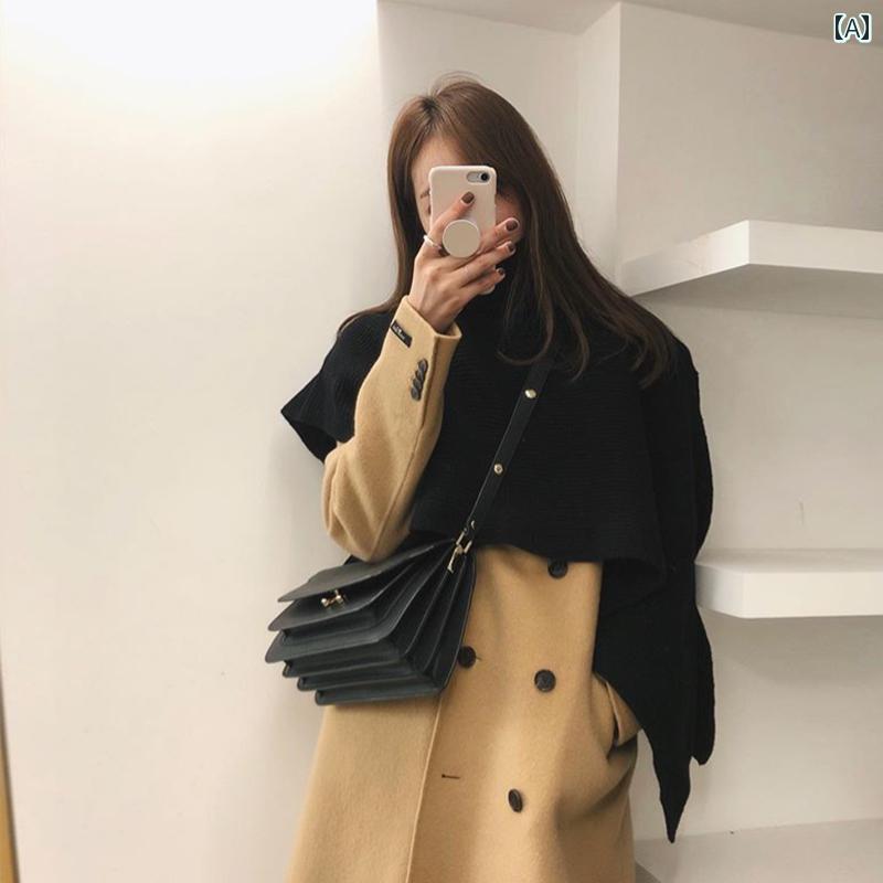 フロントップ楽天市場店のショール レディース ハイネック タートルネック ポンチョ セーター風 ニット ストール マフラー 秋冬 防寒 保温 無地 韓国 ブラック グレー モカ オートミール｜アングル2