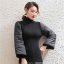 ニット レディース フレアスリーブ ハイネック 裏起毛 厚手 暖かい 防寒 セーター インナー 切り替え フロッキー加工 秋冬 スリムフィット