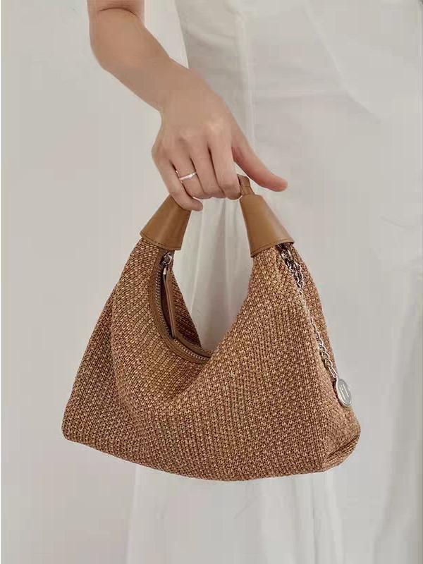 バッグ レディース レトロ ヴィンテージ風 個性派 ストロー 編み込み 餃子型 ワンショルダー 斜め掛け 手提げ クラッチ トート 普段使い デイリー 春夏 ブラウン ブラック(4)