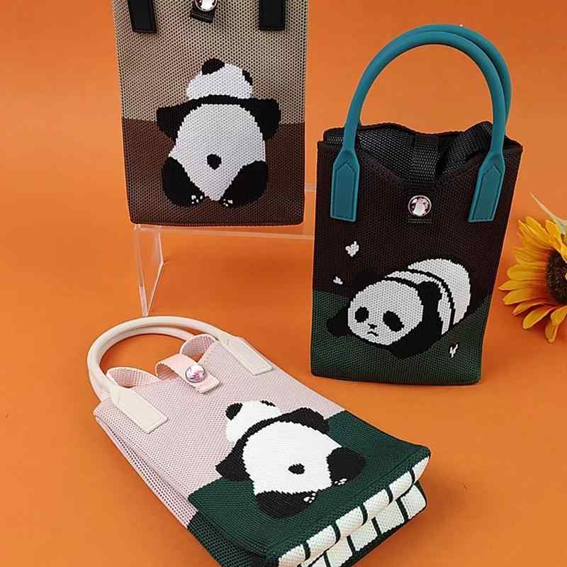 バッグ 韓国ファッション パンダ柄 ニット 編み込み 個性的 かわいい スマホショルダー ミニショルダー 斜め掛け 肩掛け ハンドバッグ 手提げ 普段使い カジュアル 縦型 スクエア ポリエステル ウォッシャブル