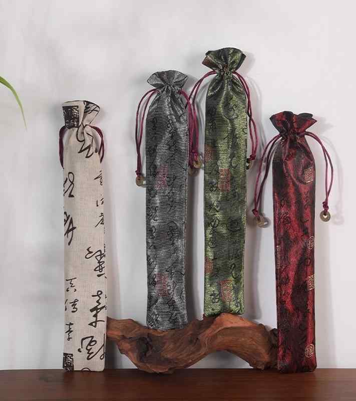 扇子袋 収納 ブロケード 綿 麻 刺繍 レトロ 二層 巾着 携帯用 普段使い 男女兼用 上品 大人 チャイナ風 着物 浴衣 グレー 赤 緑