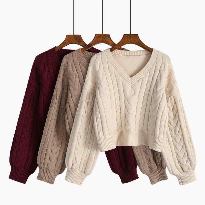 Three-Quarter Knit - ニット レディース Vネック ケーブル編み セーター ゆったり プルオーバー オーバーサイズ ショート丈 低身長向け リラックス ゆるふわ トップス 春秋 普段使い お出かけ かわいい おしゃれ