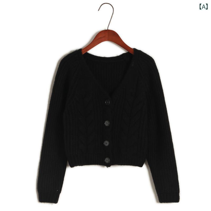 カーディガン レディース 秋冬 厚手 ゆったり ルーズ ケーブル編み Vネック ニット ショート丈 クロップド ウール カジュアル 通勤 羽織り 長袖 アウター 2
