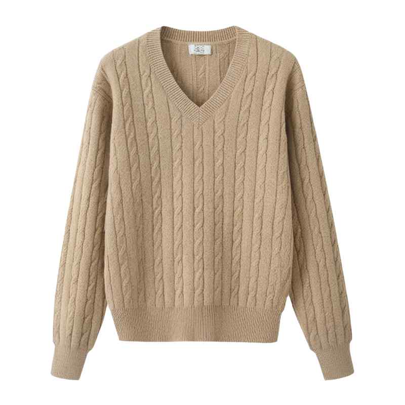 Three-Quarter Knit - ニット レディース Vネック ゆったり オーバーサイズ ケーブル編み 長袖 セーター プルオーバー 秋冬 重ね着 保温 トップス 柔らか 高級感