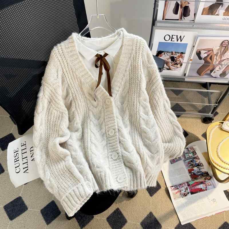 Long-Sleeved Knit - カーディガン レディース Vネック ゆったり ルーズ ケーブル編み ニット 厚手 秋冬 保温 発熱 長袖 フェミニン エレガント ベージュ系 アイボリー ストレートシルエット 普段使い 羽織り トップス