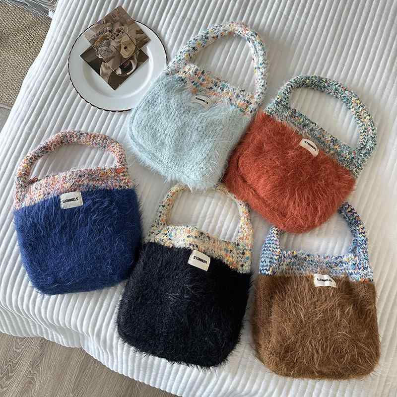 ハンドバッグ レディース ニット ボア もこもこ 編み込み バケツ型 ソフトハンドル ミディアムサイズ 秋冬 デイリー カジュアル 布製