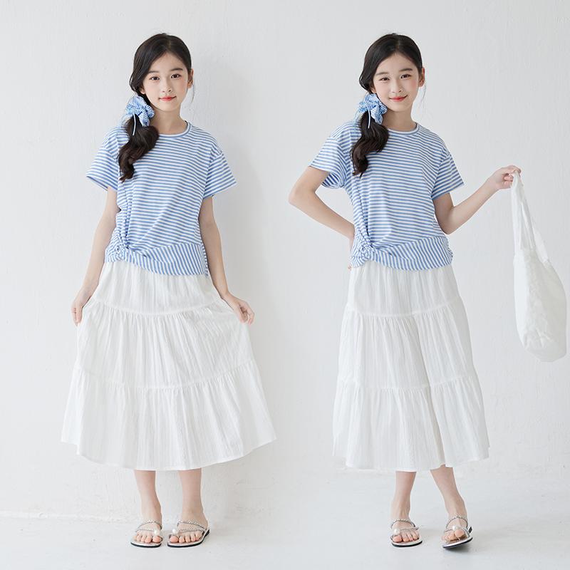 スカート 女の子 キッズ ジュニア ホワイト 白 綿 コットン ミディ丈 ミモレ丈 プリーツ ティアード A..