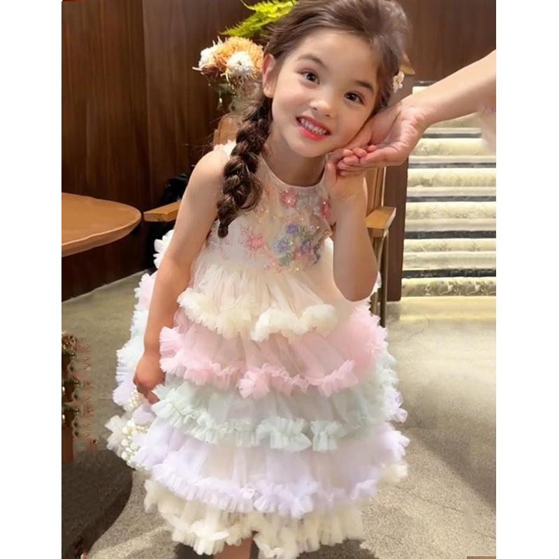 ワンピース 女の子 子供 キッズ ノースリーブ プリンセスドレス ティアードスカート ギャザー ふんわり チュールスカート おしゃれ かわいい レインボーカラー 普段使い お出かけ 春夏