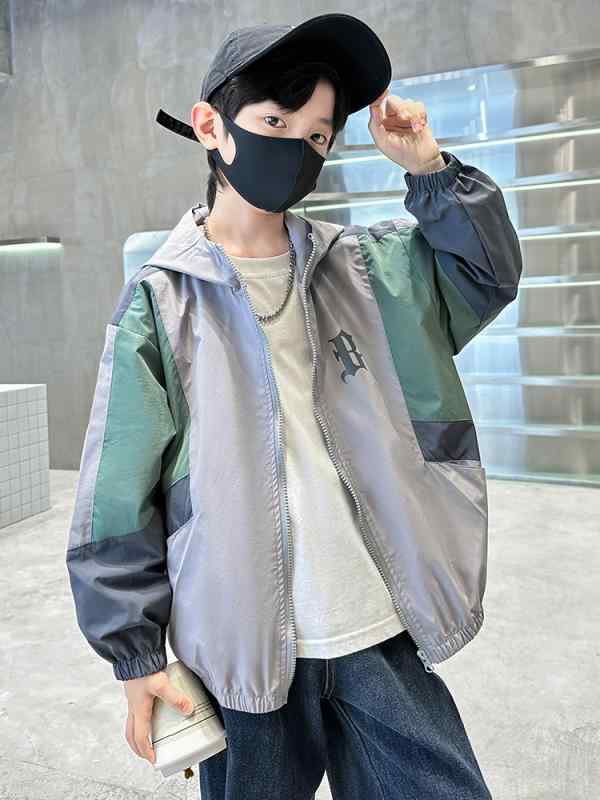 Coat - ジャケット 男の子 キッズ 春秋 薄手 フード付き ファスナー 切り替え カジュアル アウター マウンテンパーカー ウインドブレーカー ポリエステル 普段使い 通学 トップス