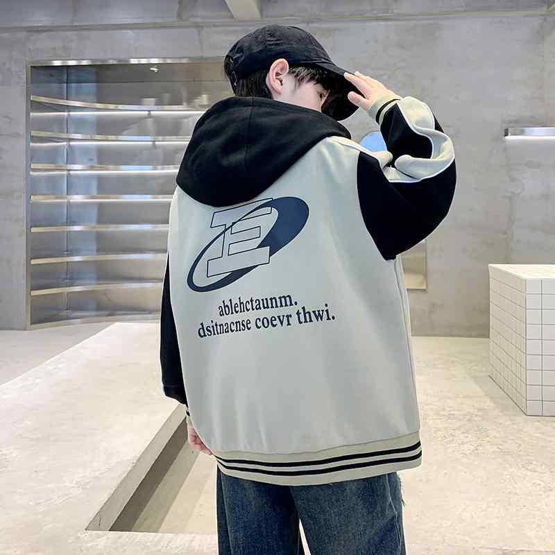 Blousons, Jumpers - キッズ 男の子 ベースボールジャケット フード付き アウター 配色切り替え ジップアップ 長袖 春秋 綿 吸湿速乾 通気性 ウォッシャブル カジュアル スポーツウェア ジュニア ブルゾン