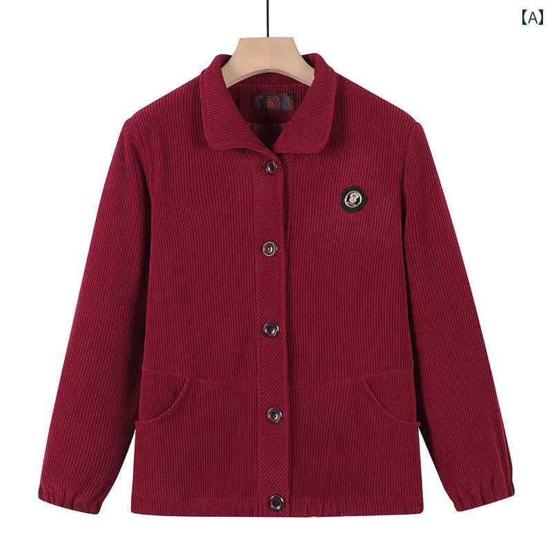 中綿ジャケット ミセス 母親向け 秋冬 コーデュロイ 襟付き 裏ボア 厚手 暖かい 防寒 ゆったり ルーズフィット 無地 カジュアル デイリー アウター コート