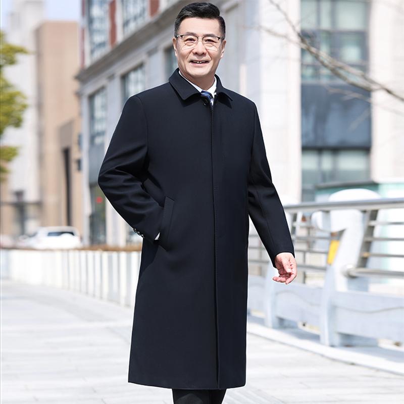 トレンチコート メンズ 男性用 中高年 お父さん世代 春秋 ロング丈 膝下 ゆったり ビジネスカジュアル アウター シワになりにくい UVカット ポリエステル レーヨン 濃紺