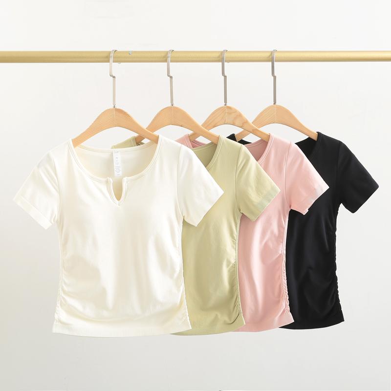 ヨガウェア レディース ブラパッド付き 半袖 Tシャツ ナイロン ポリウレタン ピラティス ランニング ト..