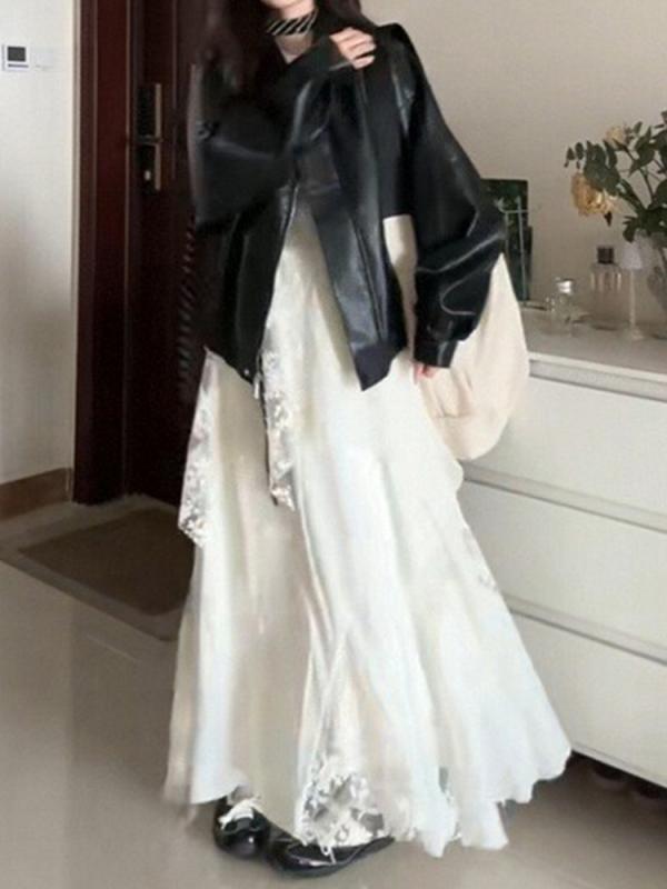 スカート レディース 白 ホワイト アシンメトリー レース プリーツ ロング丈 Aライン 大きいサイズ ゆったり 体型カバー ポリエステル 凝った 上品 カジュアル 秋冬