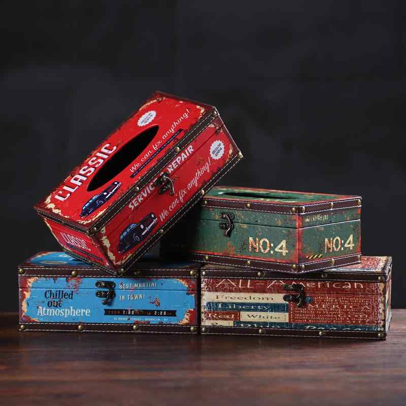 ティッシュケース ヨーロピアン おしゃれ レトロ 木製 車 リビング 卓上 金具 バックル シンプル 家庭..