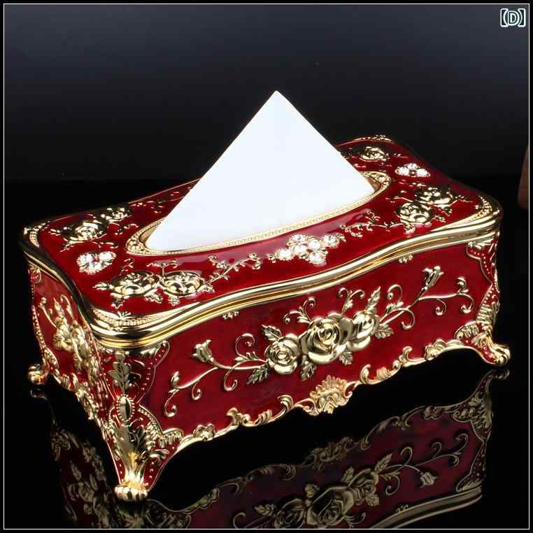 ティッシュケース ヨーロピアン おしゃれ レトロ アンティーク調 合金 長方形 バラ 立体 模様 ビジュー..