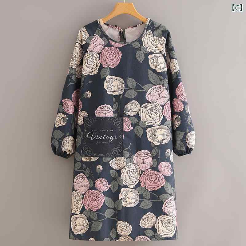 エプロン レディース 肩掛け キッチン 料理用 家庭用 帆布 キャンバス 防水 防汚 撥水 防油 おしゃれ かわいい ローズ柄 花柄 ブルー ネイビー イエロー 快適 耐久性 割烹着 スモック