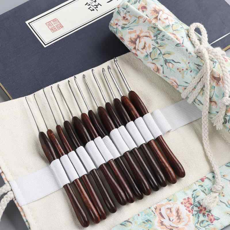 かぎ針セット ケース付き ステンレス製 初心者 入門用 編み物 手編み 毛糸用 13本入り 手芸 クラフト ハンドメイド ツール 木製 グリップ 黒檀 黄花梨